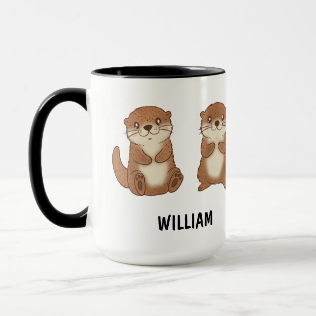 Caneca Custom Name Hand Drawn Cute Otters Coffee (Esquerda)