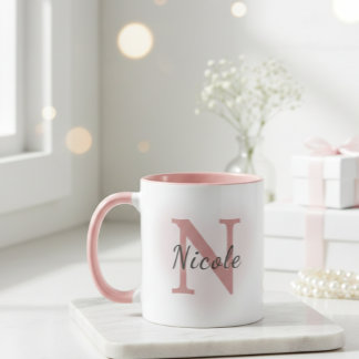 Caneca Custom Name &Initial Elegant Dusty Rose Pink Mug  