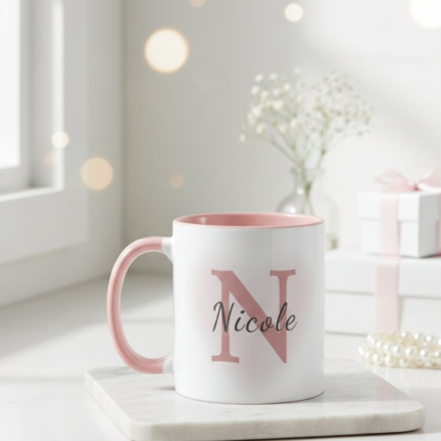 Caneca Custom Name &Initial Elegant Dusty Rose Pink Mug   (Criador carregado)