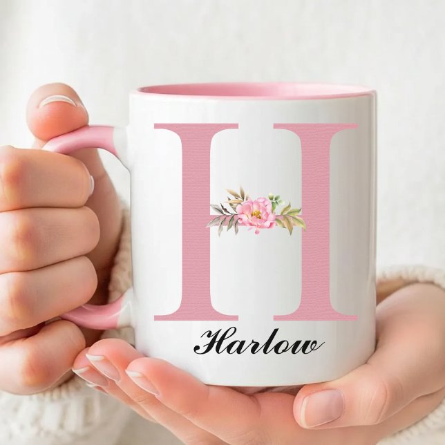 Caneca Custom Pink Floral Monogram Mug Gift for Moms (Custom Pink Floral Monogram Mug Gift for Her, Wildflower Initial Name Mug Birthday Gift for Her Mom)