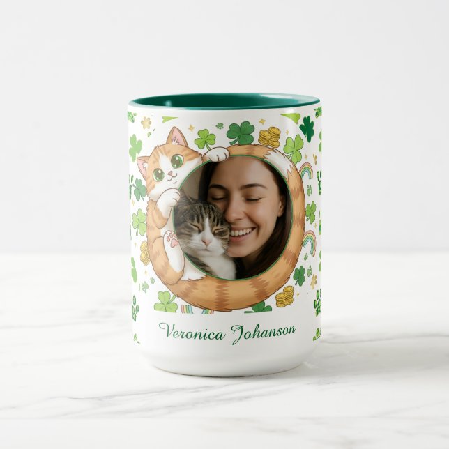 Caneca Custom St. Patrick's Day Lucky Cat Photo Mug  (Centro)