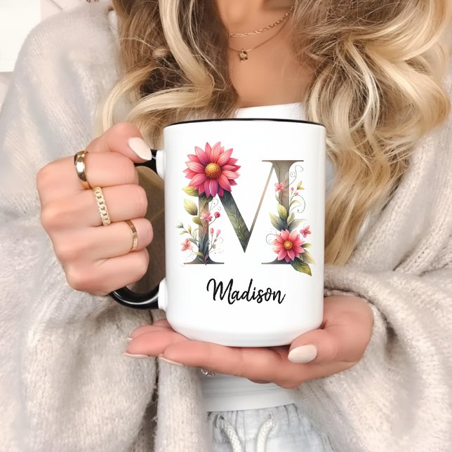 Caneca Custom Wildflower Monogram Mug for Mom or Grandma (wildflower mug, floral monogram mug, personalized name mug, custom initial mug, pink wildflower mug,)