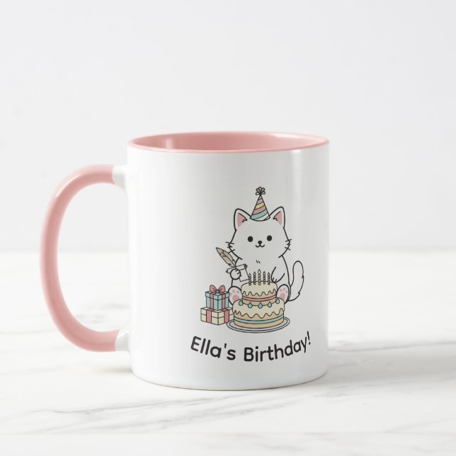 Caneca "Customizable" Playful Cat Birthday Cake & Gifts (Esquerda)