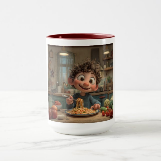 Caneca Cute Animated Boy Eating Spaghetti Pasta Coffee (Centro)