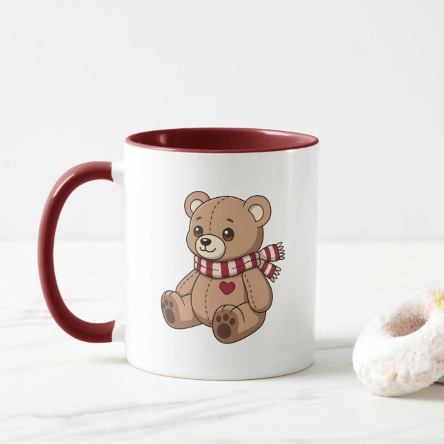 Caneca Cute Beige Teddy Bear with Striped Scarf (Com Donut)