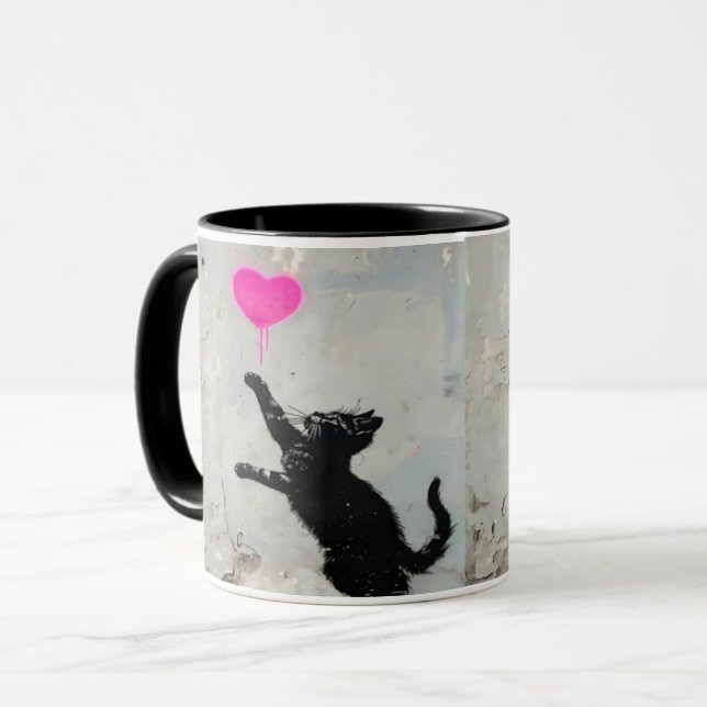 Caneca Cute Black Cat Playing with A Pink Heart (Frente Esquerda)