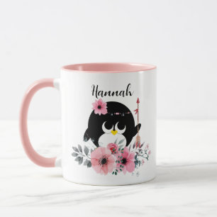 Caneca Cute Boho Tribal Penguin Cor-de-rosa, nome com doi
