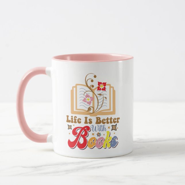 Caneca Cute Book Lover "Life Is Better With Books" Quote (Esquerda)