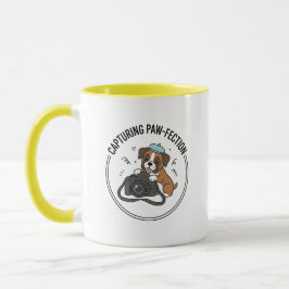 Caneca Cute Boxer Dog Photographer Cartoon Yellow Blue