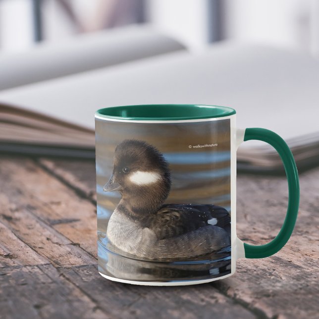 Caneca Cute Bufflehead Duck no Sunlit Pond (Cute Female Bufflehead Duck at the Pond 11 oz Coffee Mug Cover Photo.)