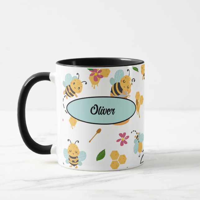 Caneca Cute Bumblebee e padrão de mel com o nome (Esquerda)
