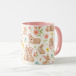 Caneca Cute Bunnies and Flowers Pattern