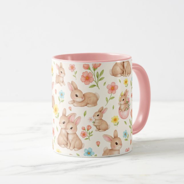 Caneca Cute Bunnies and Flowers Pattern (Frente Esquerda)