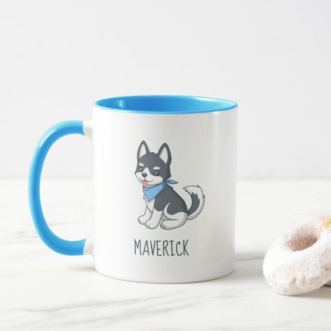 Caneca Cute Cartoon Husky Puppy Dog Custom Name (Com Donut)
