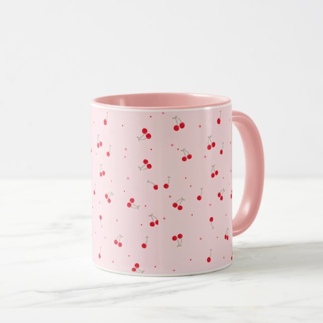 Caneca Cute Cherry Pattern | Pink Aesthetic Seamless  (Frente Esquerda)