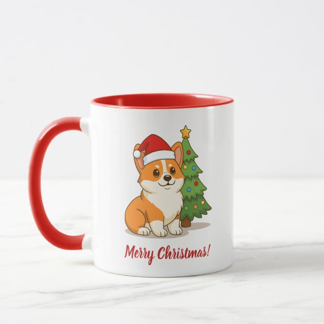 Caneca Cute Corgi Dog in a Red Hat with Christmas Tree (Esquerda)