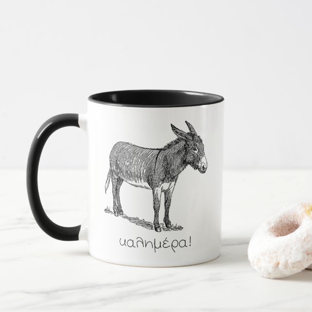 Caneca Cute Donkey e "Kalimera" (bom dia) em grego (Com Donut)