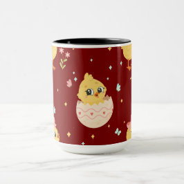 Caneca Cute Easter Chick with Pink Bow Seamless Pattern 