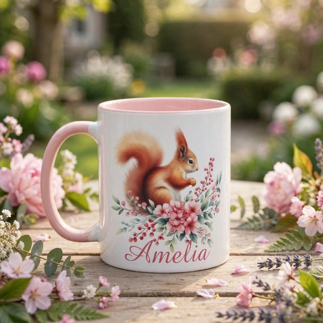 Caneca Cute Esquilo Personalizado em Aquarela  (Cute watercolor Squirrel Personalized Mug)