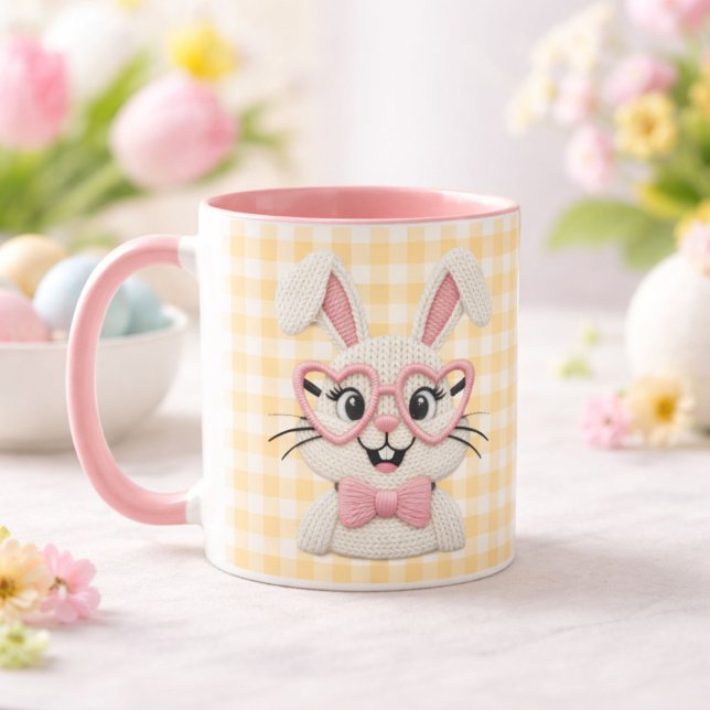 Caneca Cute Gingham Bunny Pink Heart Glasses  (Criador carregado)