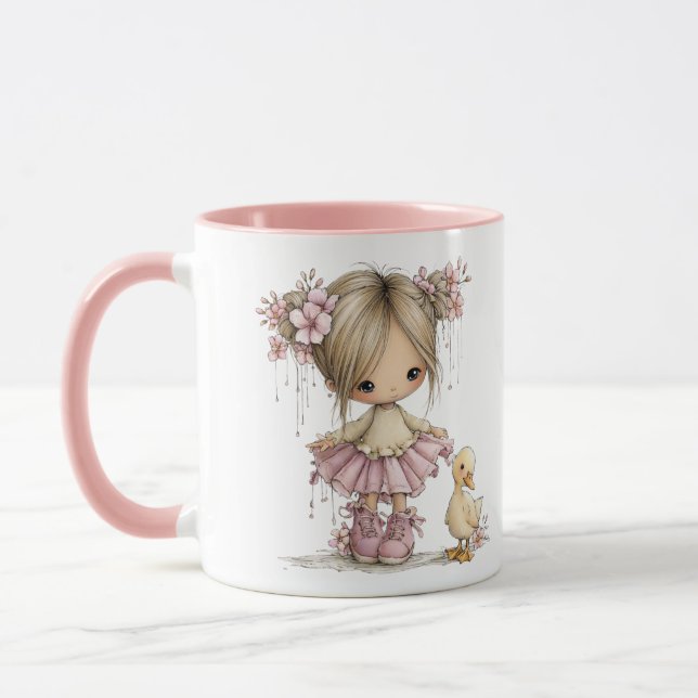 Caneca Cute Girl and Duckling Whimsical Nursery Art (Esquerda)