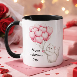 Caneca Cute Kitten Pink Heart Balloons Valentine’s Day