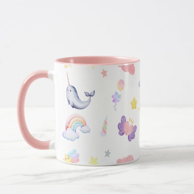 Caneca Cute Narwhale Fish Unicorn Rainbow sea Aniversário (Esquerda)