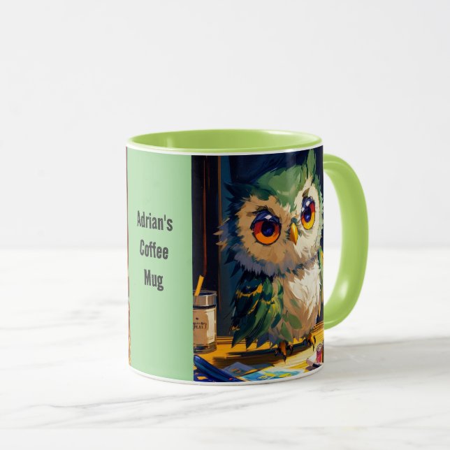 Caneca Cute Owl Acrílico e pinceladas de faca de paleta (Frente Esquerda)
