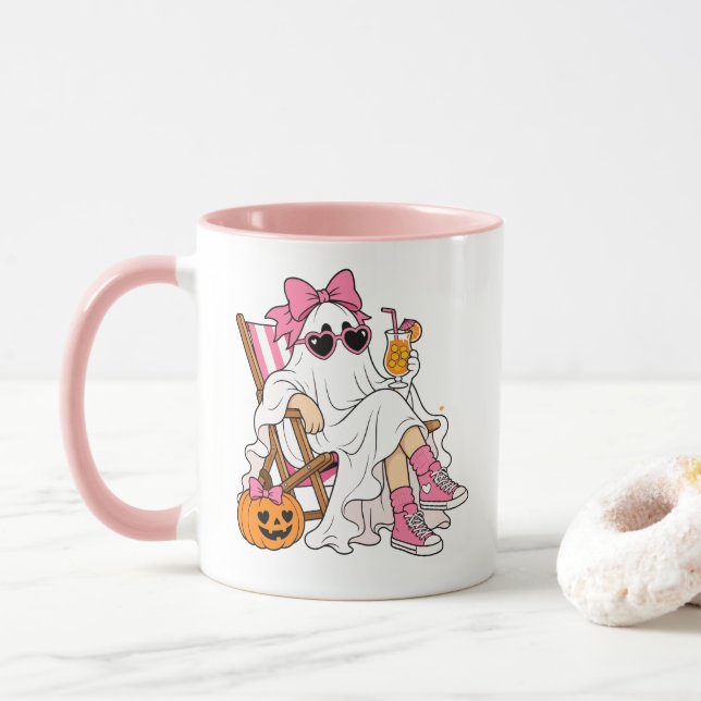Caneca Cute Pink Coquette Fantasma Praia Halloween (Com Donut)