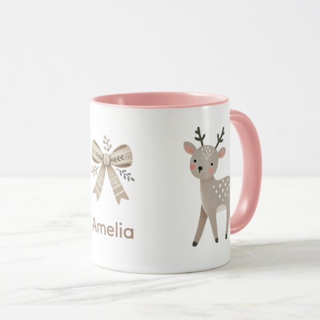 Caneca Cute Reindeer & Bow Drawing Christmas Name (Frente Esquerda)