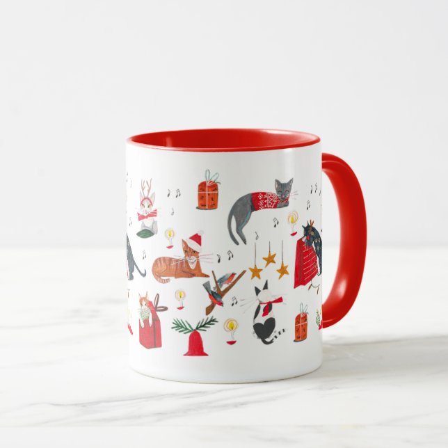 Caneca Cute retro cat red Christmas pattern  Mug (Frente Esquerda)