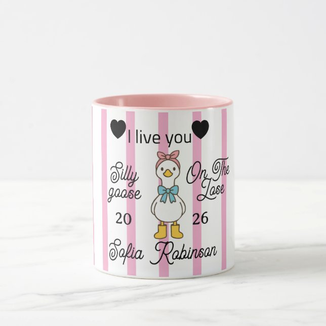 Caneca Cute Silly Goose Pink Stripe Personalized Mug (Centro)