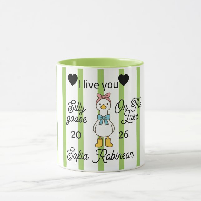 Caneca Cute Silly Goose Pink Stripe Personalized Mug (Centro)