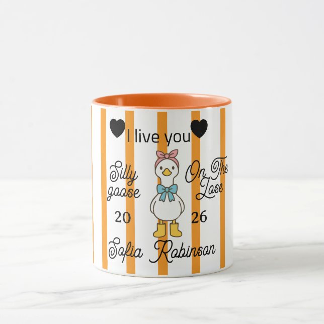 Caneca Cute Silly Goose Pink Stripe Personalized Mug (Centro)