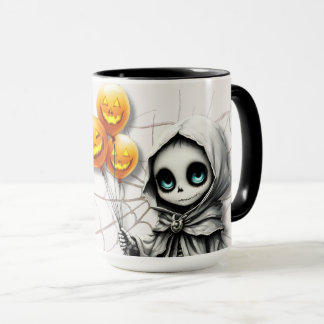 Caneca Cute Skeleton Girl with Pumpkin Balloons