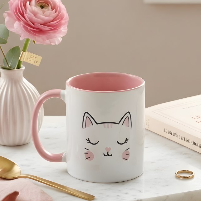 Caneca Cute Sleepy Kitty Face Pink & White Mug (Criador carregado)
