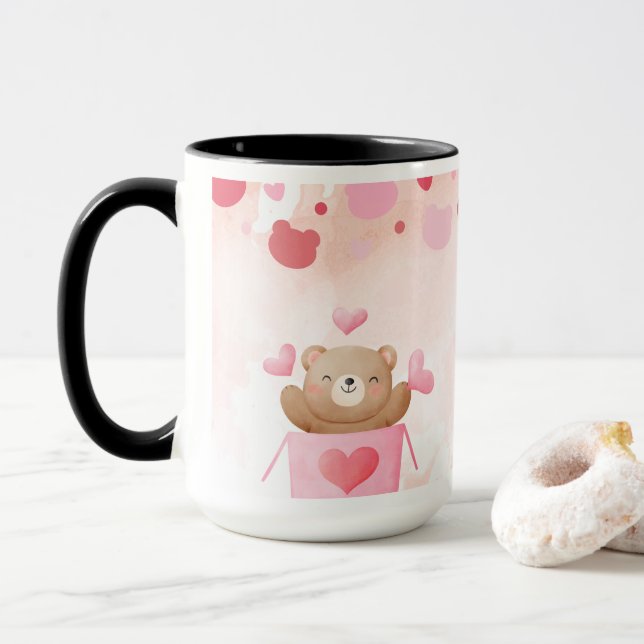 Caneca ​Cute Teddy Bear & Pink Hearts Coffee Mug (Com Donut)