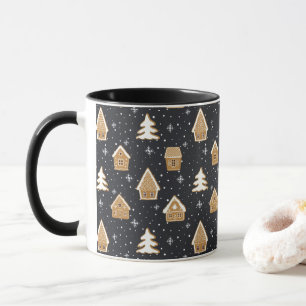 Caneca Cute Vila de Pão de Mel Árvores de Abeto Azul Nata