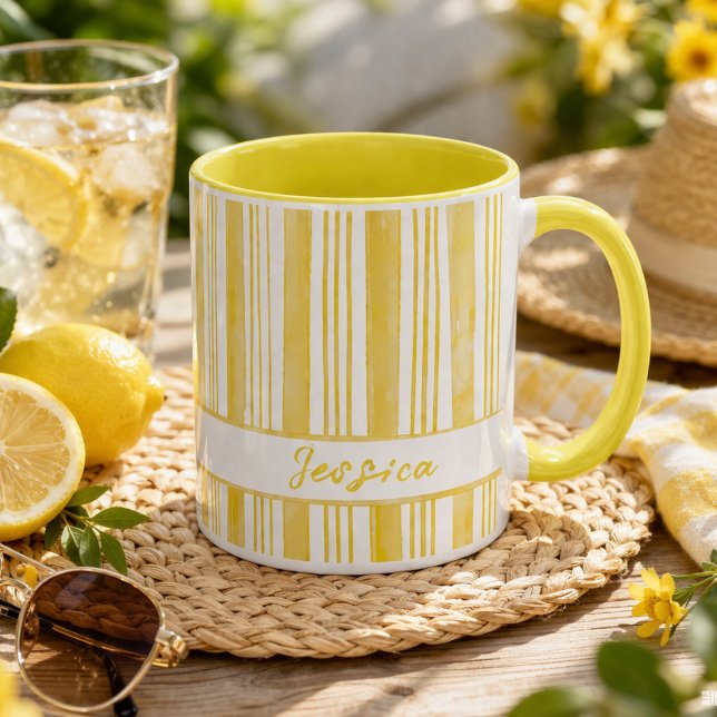 Caneca Cute Yellow Striped Custom Name Coffee (Criador carregado)