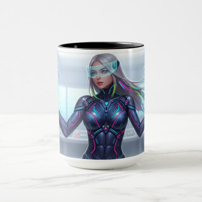 Caneca Cyber Oracle Mug – Futuristic Tech Anime Girl (Centro)