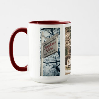Caneca da escola do gramado da cereja com fotos