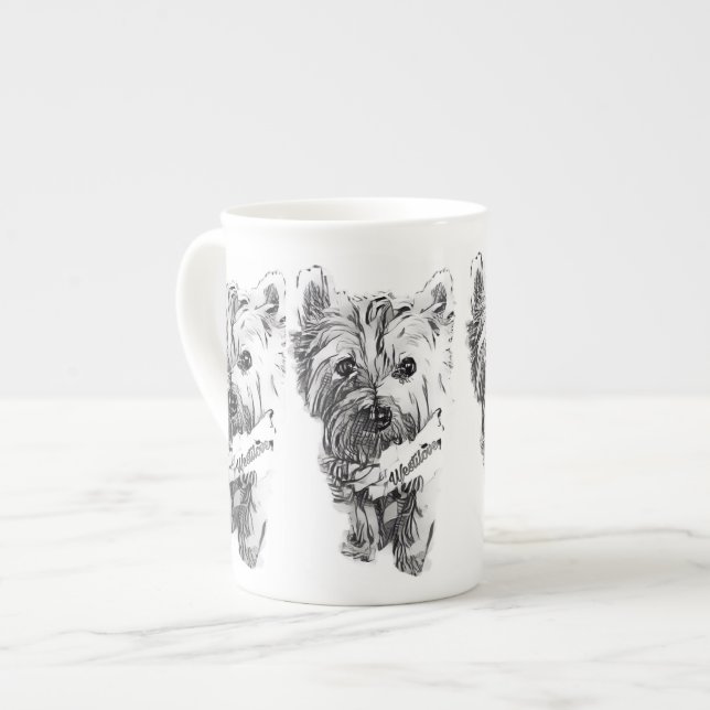 Caneca da porcelana de osso do esboço de Westie (Frente Esquerda)