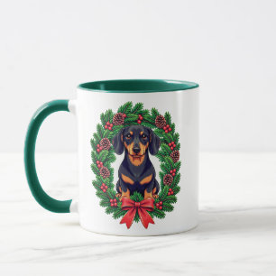 Caneca Dachshund de Natal com Coroa de Pinheiro Festiva