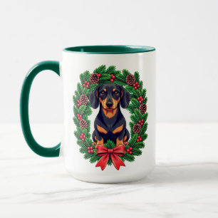 Caneca Dachshund de Natal com Coroa de Pinheiro Festiva