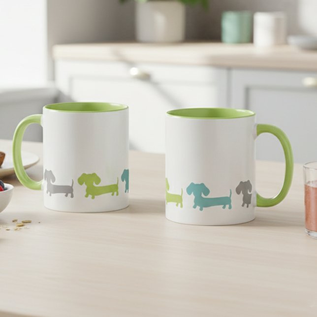 Caneca Dachshund Green Blue Coffee Mug (modern dachshund mug with teal, green and gray wiener dogs)