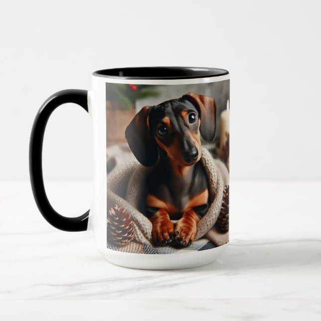 Caneca Dachshund na Taça de Café de Natal em Branco (Esquerda)