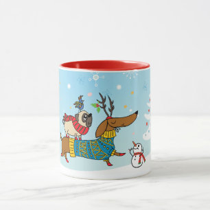 Caneca Dachshund, Pug & Bird Holiday Mug