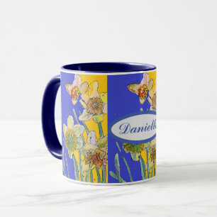 Caneca Daffodil Painting Watercolor Amarelo Azul floral