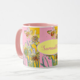 Caneca Daffodil Painting Watercolor Amarelo Flor rosa