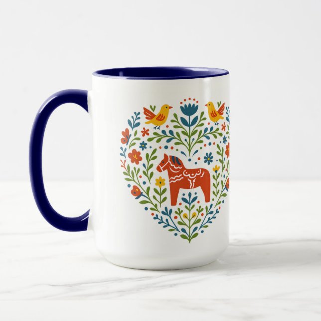 Caneca Dala Horse Folk Art Hygge Heart Pattern Mug (Esquerda)